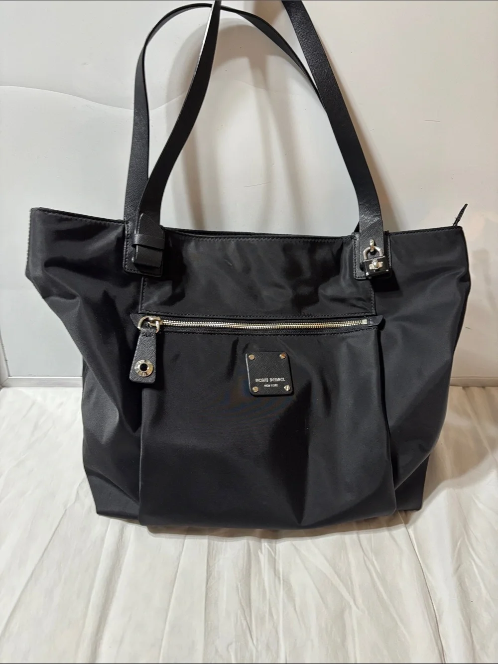 Henri Bendel Black Logo Plaque nylon tote with Gold Hardware. Like new!